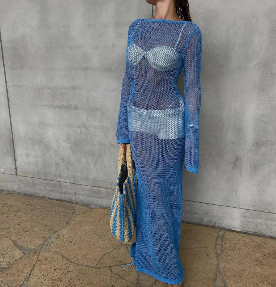 Kintted Beach Cover Up Women Sexy Long Bikini Dress Beachwear Crochet Backless Long Sleeve Hollow Beachdress Female Swimsuit - Matrix Studios