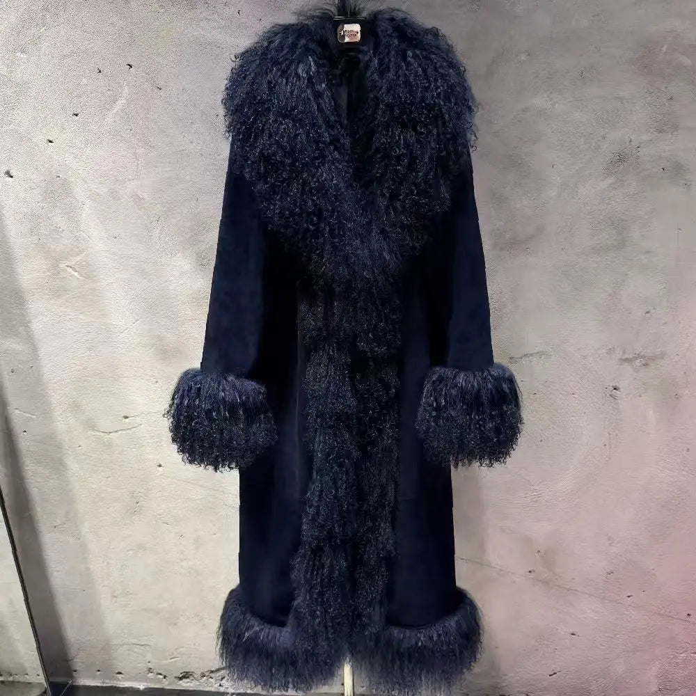Suede Coat Fur Collar Women Autumn Genuine Sheepskin Coat Long with Mongfolian Fur Trim - Matrix Studios