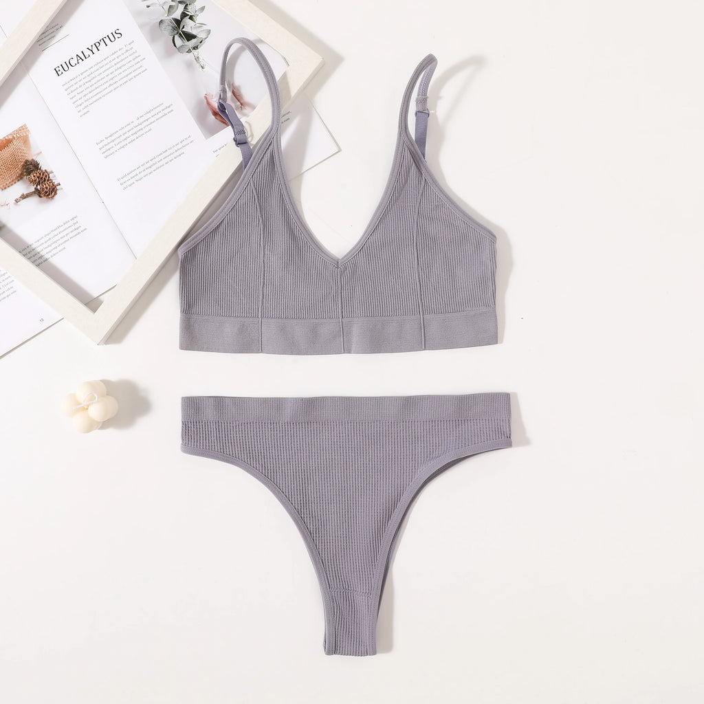 Women Seamless Bra Set Push Up Bras V-neck Tops High Rise Briefs Seamless Underwear Wire Free Brassiere Sexy Lingerie Set - Matrix-studios.com