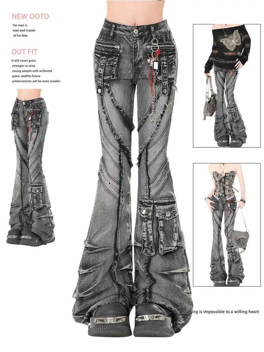 2025 Autumn Winter Women's Denim Pants Dark Academia Cargo Jean Flared Bell Bottom Designer Kpop Japanese Y2k 2000s Goblin Core - Matrix-studios.com