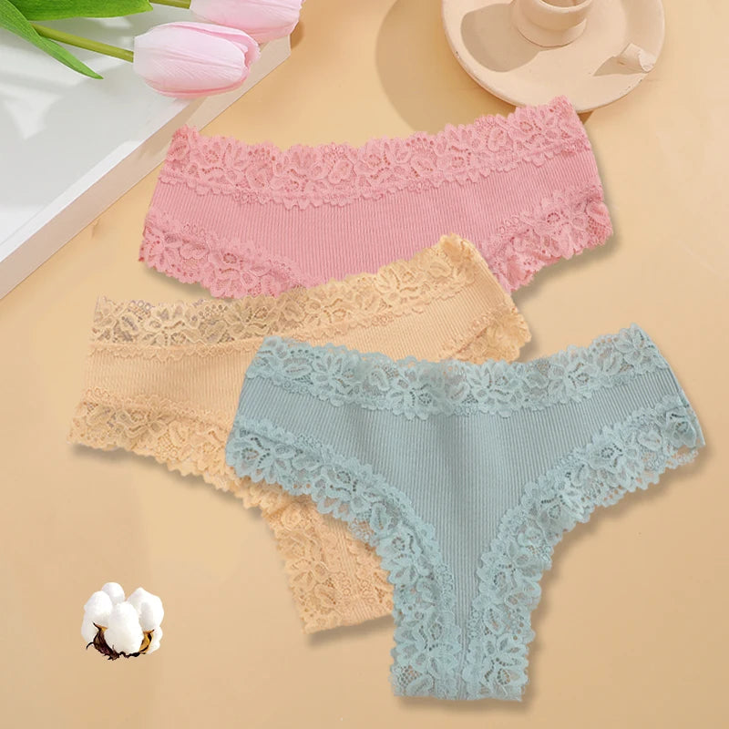3PCS/Set Women Sexy Lace Panties Cotton Seamless Brazilian Panties Female Sexy Low Rise Soft Underwear G-String Lingerie S-XL - Matrix Studios