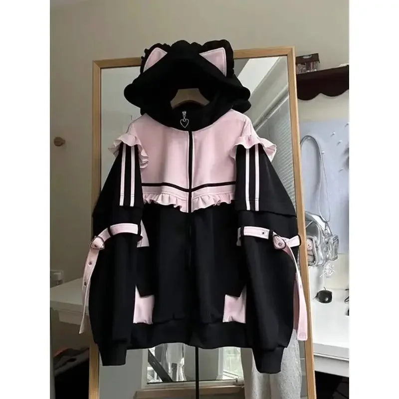 Japanese Sweet Coats Y2K Clothing Hoodie Women Tops Autumn and Winter Color Match Splicing with Thick Velvet Cardigan Jackets - Matrix Studios