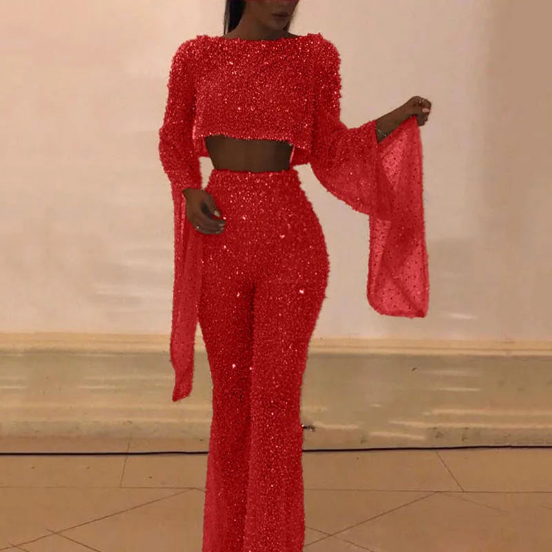 Sexy Backless Hollow Bandage Jumpsuit Women Spring O-neck Flare Sleeve Straight Playsuit Fall Sequin Shiny Party Romper Overalls - Matrix Studios