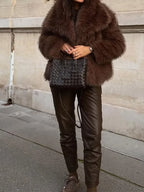 Brown Fluffy Fur Jacket Women's Casual Lapel Loose Long Sleeves Thicken Warm Short Coat 2025 Winter New Lady Commute Streetwear - Matrix Studios