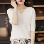 Women's Sweater Spring Summer Short Sleeve V-neck Knit Shirt Casual Korean Pullovers Stripe Bottoming Shirt Slim Fit Jumpers - Matrix Studios