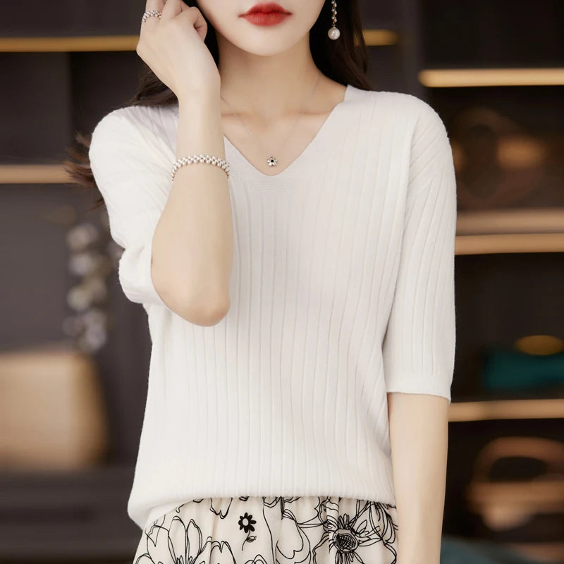 Women's Sweater Spring Summer Short Sleeve V-neck Knit Shirt Casual Korean Pullovers Stripe Bottoming Shirt Slim Fit Jumpers - Matrix Studios