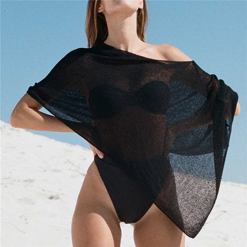 Off Shoulder Cover Up Tops Shirt Asymmetrical Sheer Knit Poncho Shrug Pullover Shawl Top Summer Holiday Beachwear - Matrix Studios