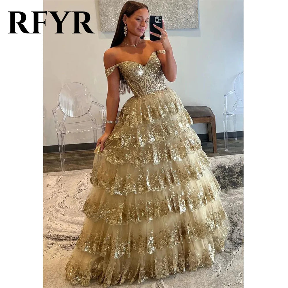 RFYR Puffy Gold Evening Dress Off  Shoulder Vestidos De Noche Sweetheart Layered Prom Dress Appliques Party Dress Customized - Matrix Studios