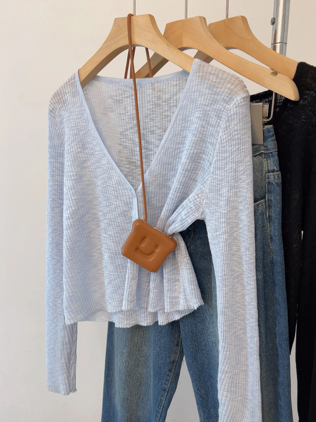 AOSSVIAO Women Outerwear Air Conditioner Shawl 2026 Summer Blue V-Neck Thin Sunscreen Knit Cardigan Single-breasted Short Tops - Matrix Studios