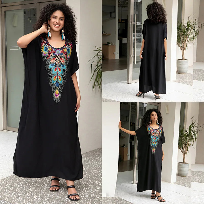 Swimsuit Cover Ups Embroidery V Neck Short Sleeve Swim Cover Up for Women Kaftan Dresses - Matrix Studios