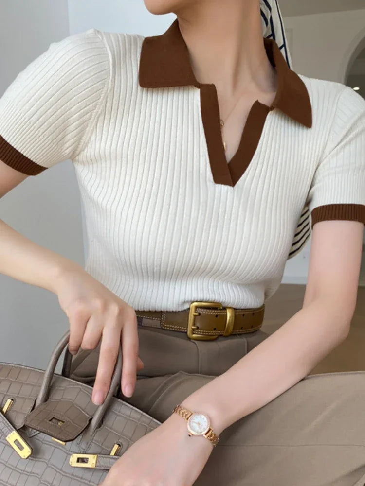 Women's T-shirt Polo Collar Short Sleeve Fashion Blouses 2026 Female Slim Knitted Tee White Skinny Casual Women Summer Tank Top - Matrix-studios.com