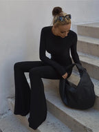 Solid Black Sexy Backless Bodycon Wide Leg Jumpsuit Women Autumn Casual Slim Long Sleeve O-Neck Playsuit Lady Streetwear - Matrix Studios