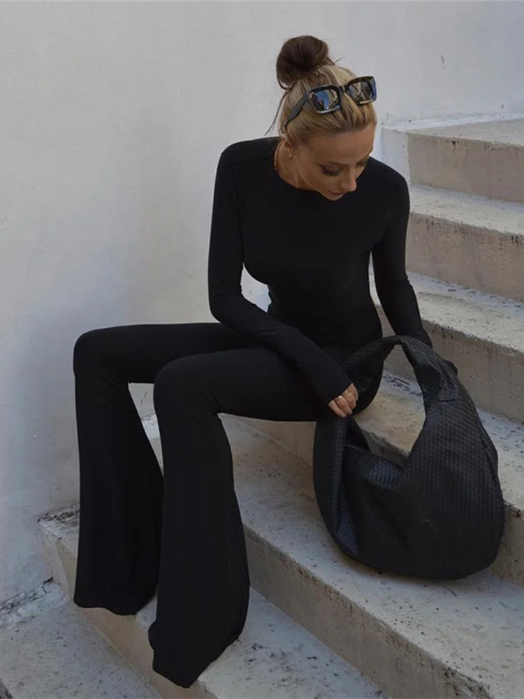 Solid Black Sexy Backless Bodycon Wide Leg Jumpsuit Women Autumn Casual Slim Long Sleeve O-Neck Playsuit Lady Streetwear - Matrix Studios