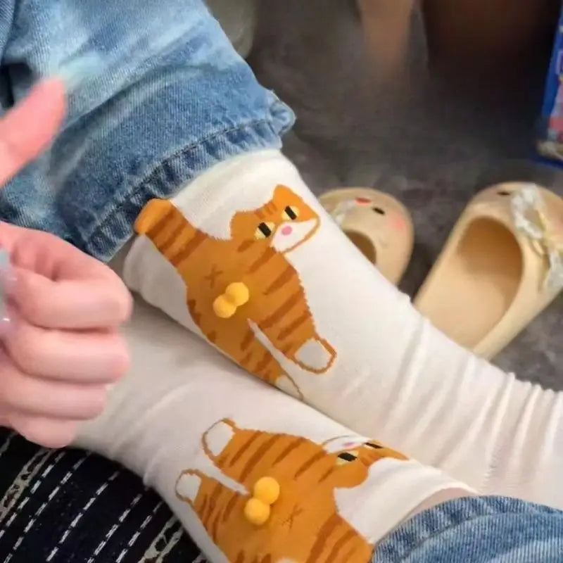 Cartoon 3D Cat Egg Design Middle Tube Socks for Women Soft Breathable Cute and Funny Couple Socks Spring Autumn Cute - Matrix Studios