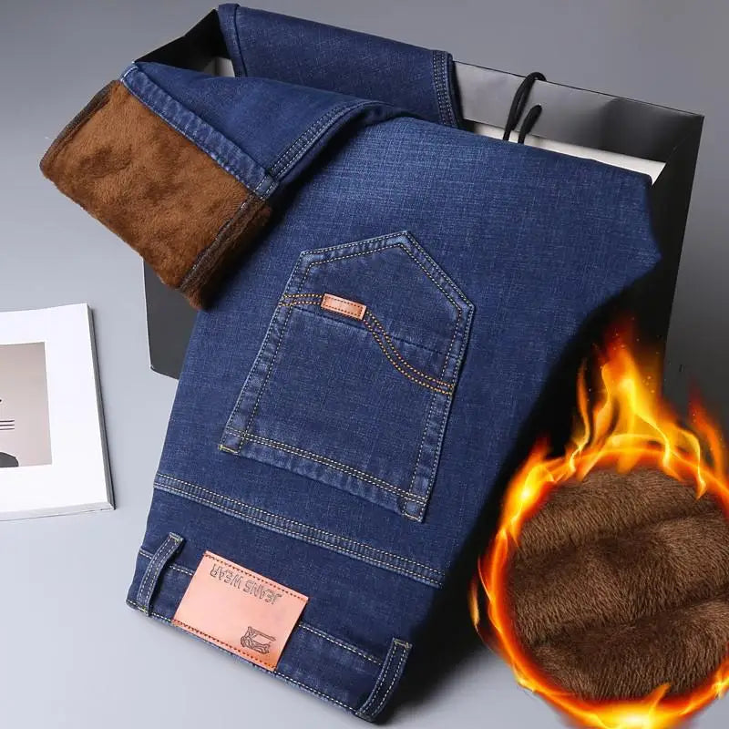 2025 New business casual Trousers Grey Fleece Men Clothes Black Elasticity Warm Winter Jeans Velvet Jeans - Matrix Studios