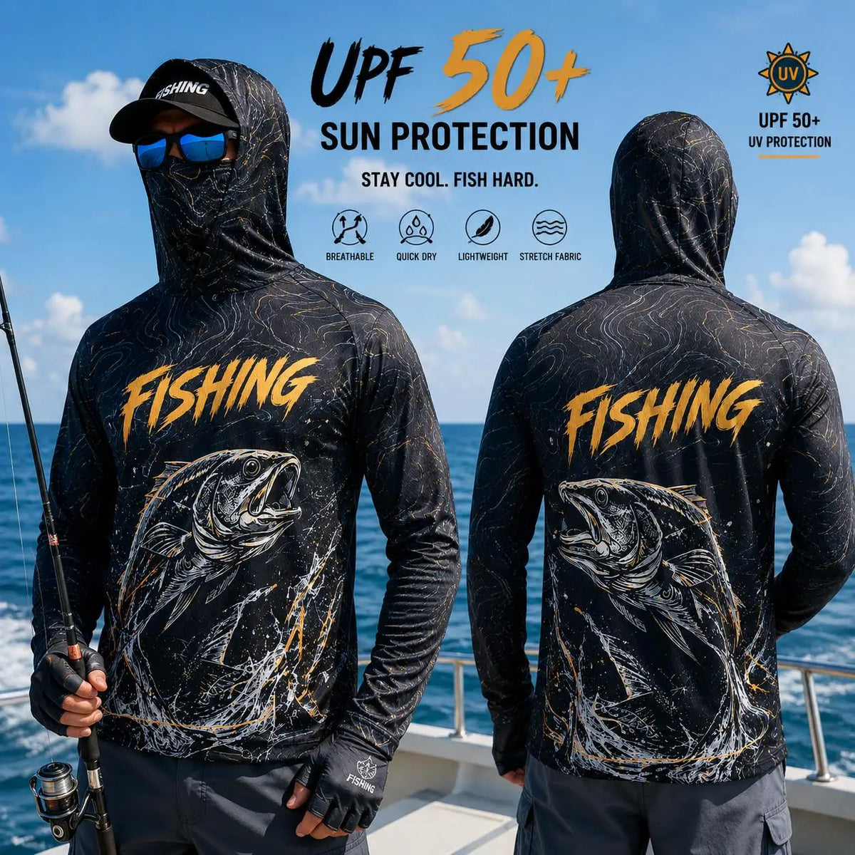Men's Hooded Fishing Shirt UPF Sun Protection Breathable Long Sleeve Quick Dry Outdoor Angling Jersey With Face Cover - Matrix Studios