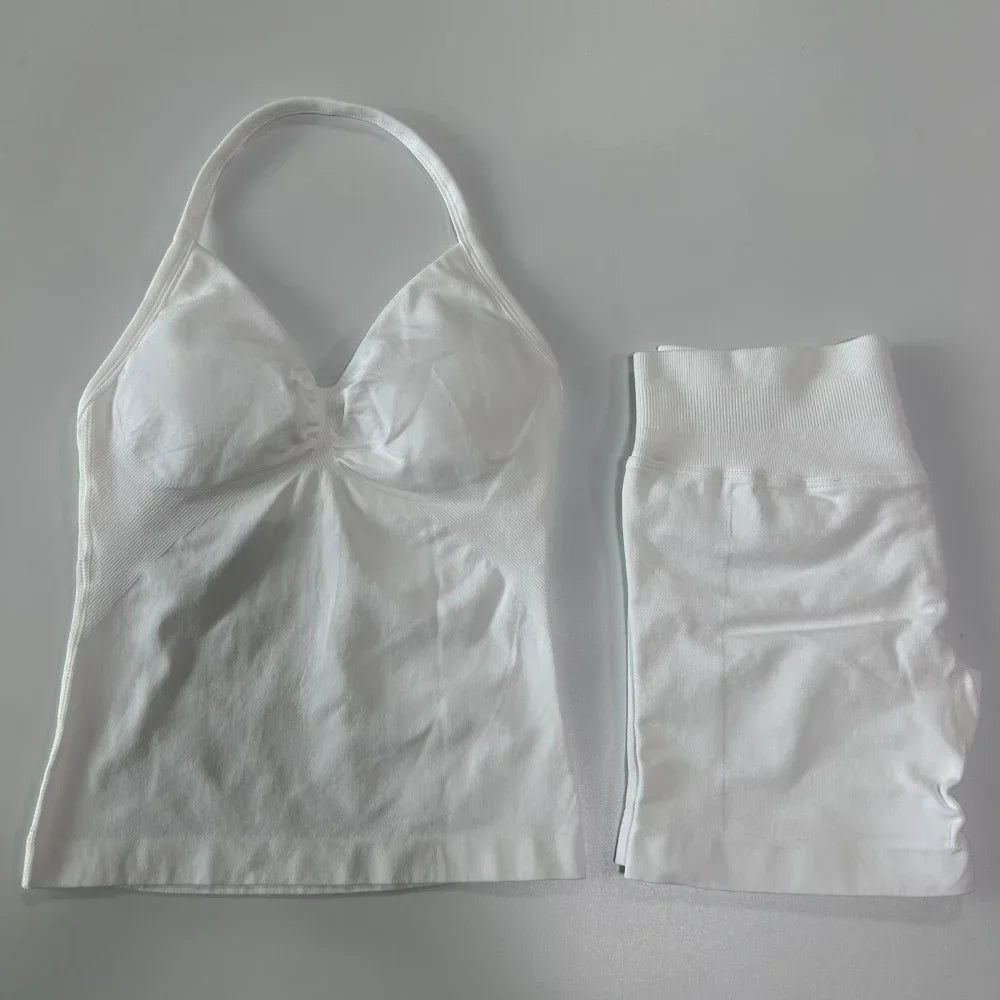 No Logo 2 Pieces Sports Set Women Backless Tank Tops High Waist Scrunch Seamless Shorts Gym Set Sportswear Workout Set Yoga - Matrix-studios.com
