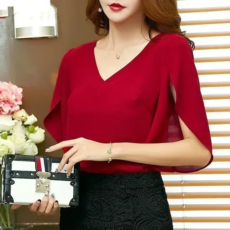 Women Chiffon Short Sleeve Shirt Sexy V-neck Loose Ruffled Chiffon Blouse. - Matrix-studios.com