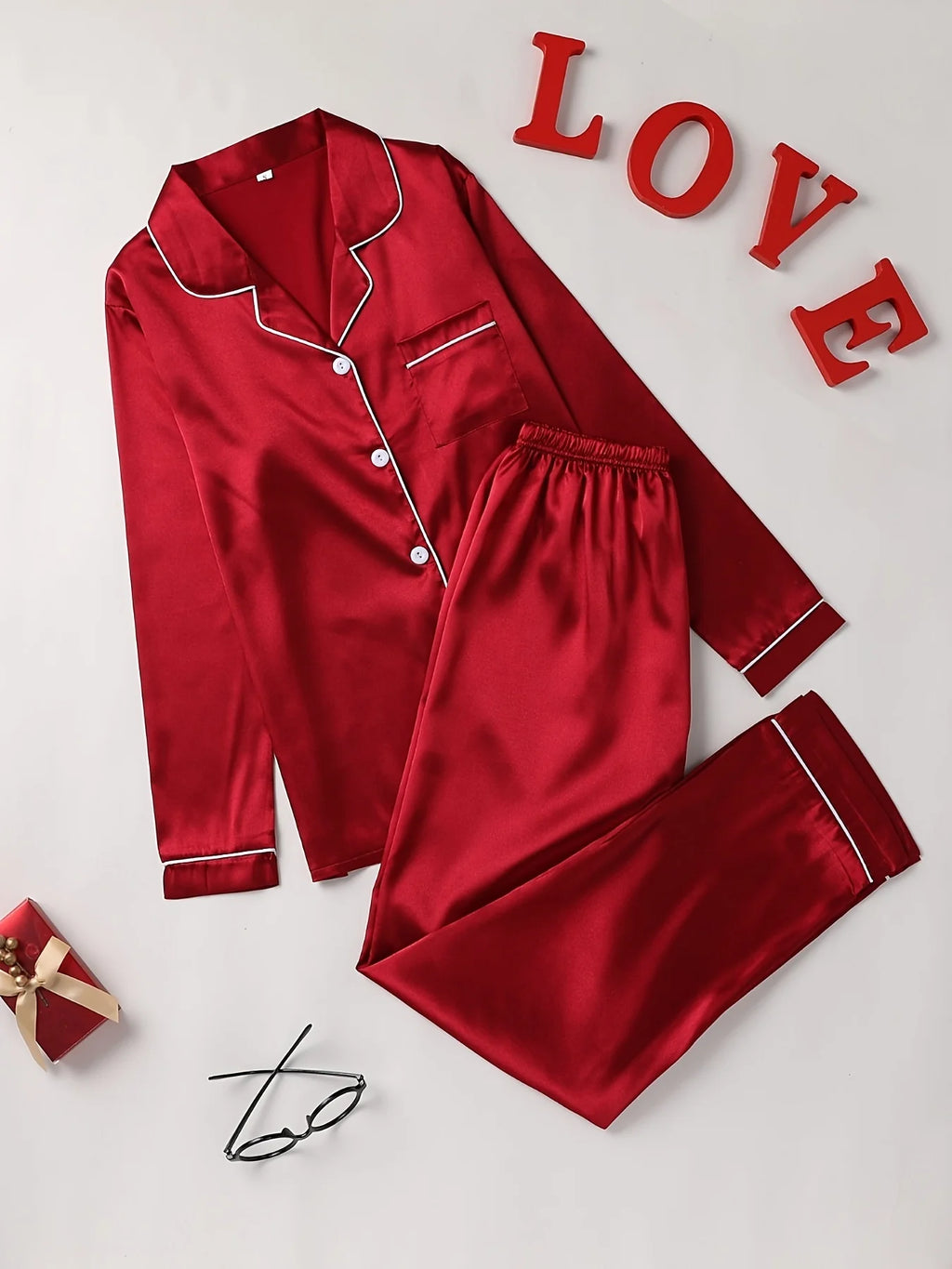 Solid Pajama Set Long Sleeve Button Up Lapel Top & Pants Pj Set Women's Sleepwear & Loungewear - Matrix-studios.com