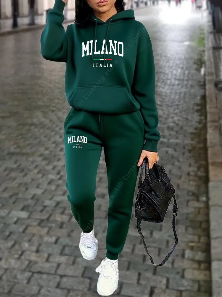 MILANO Pants Sets for Women Clothing High quality Sweatshirt Sweatpant Hoodie Suit 2 Piece Autumn Winter Outfits Woman Tracksuit - Matrix-studios.com