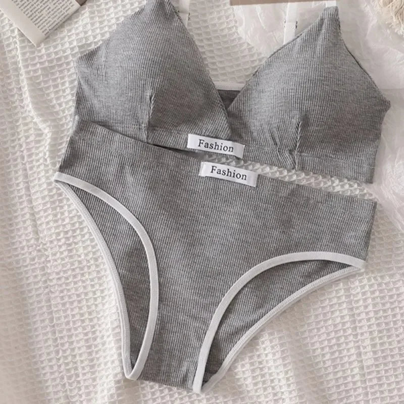 Women Cotton Bra Set Sexy Briefs Low Waist Panties Wire Free Bralette Sport Lingerie Vneck Brassiere Female Underwear Set - Matrix-studios.com