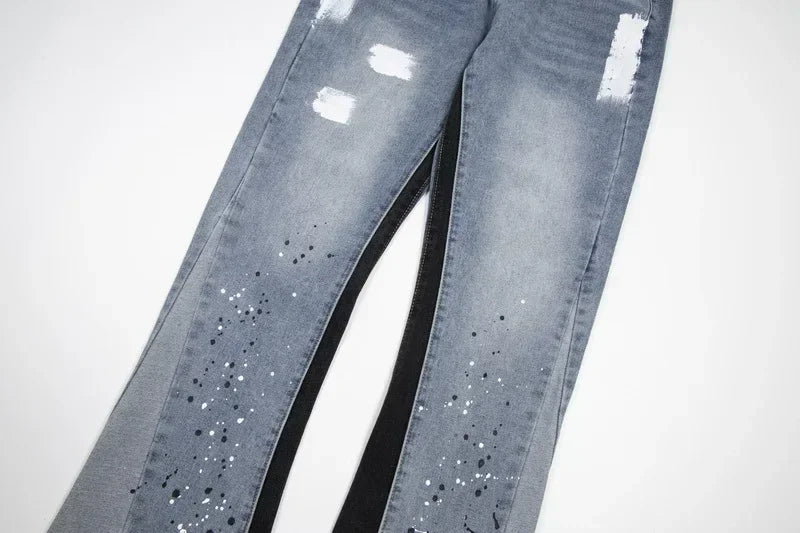 American retro washed letter spliced denim trousers high street trendy brand couple loose straight micro-flared long trousers - Matrix Studios