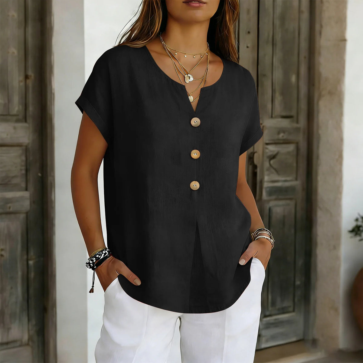 2026 Summer Basic Blouses Women's Shirts Solid Color Casual Short-Sleeve Cotton Linen Fashion Plus Size V-Neck Loose Button Tops - Matrix-studios.com