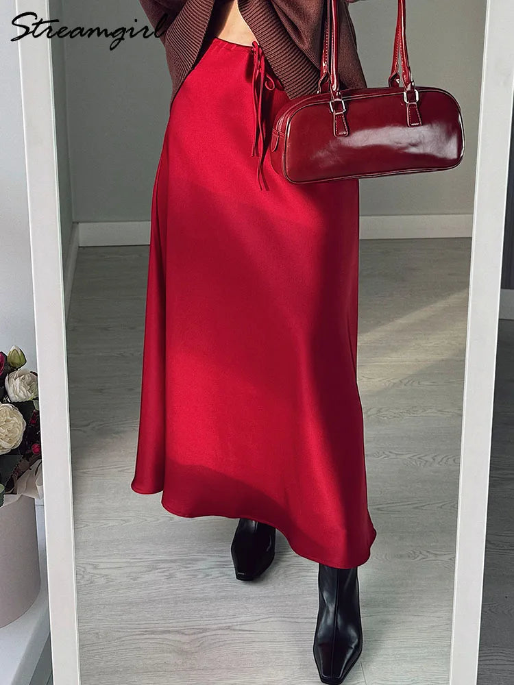 Brown Long Satin Skirts Women Luxury Maxi Autumn Summer High Waist Silk Black Skirt Long Straight Shining Beige Satin Skirt Maxi - Matrix-studios.com