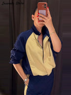 Fashion Color Block 2 Piece Tracksuit Women's Stand Collar Drawstring Cropped Jacket Elastic Waist Pants 2026 Autumn Lady Outfit - Matrix-studios.com