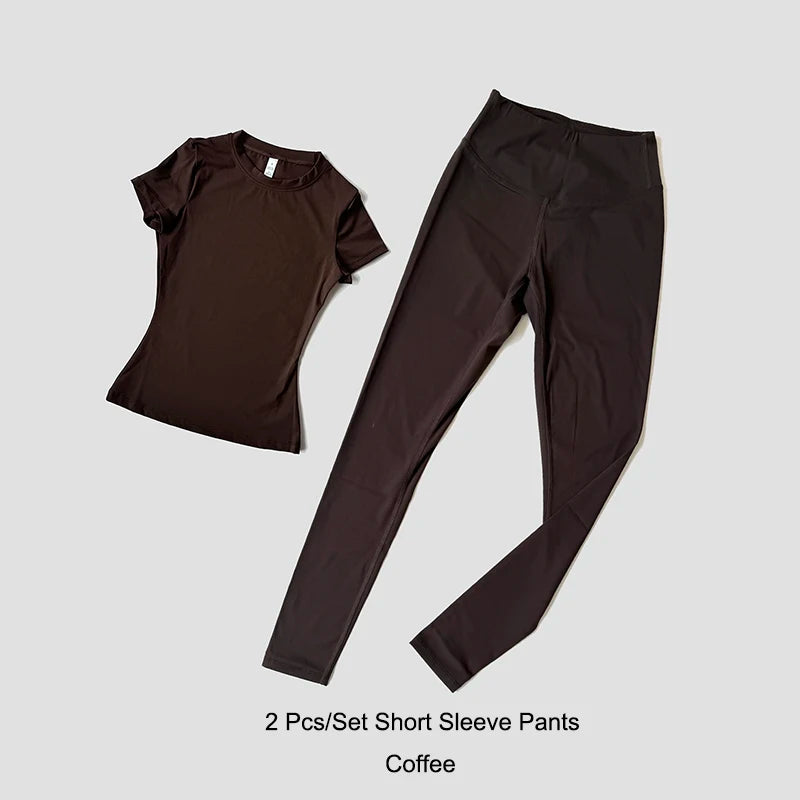 Quick-Drying Gym Leggings Set Sport Suit Short Sleeve Breathable Stretchy Slim Fitness Active Top Tight Gym Set - Matrix-studios.com