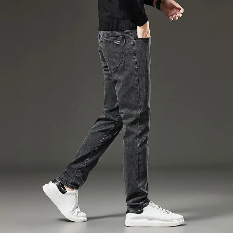Men's autumn and winter hot jeans elastic small straight leg pants black gray micro elastic zipper fashionable versatile jeans - Matrix Studios