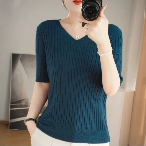 Women's Sweater Spring Summer Short Sleeve V-neck Knit Shirt Casual Korean Pullovers Stripe Bottoming Shirt Slim Fit Jumpers - Matrix Studios