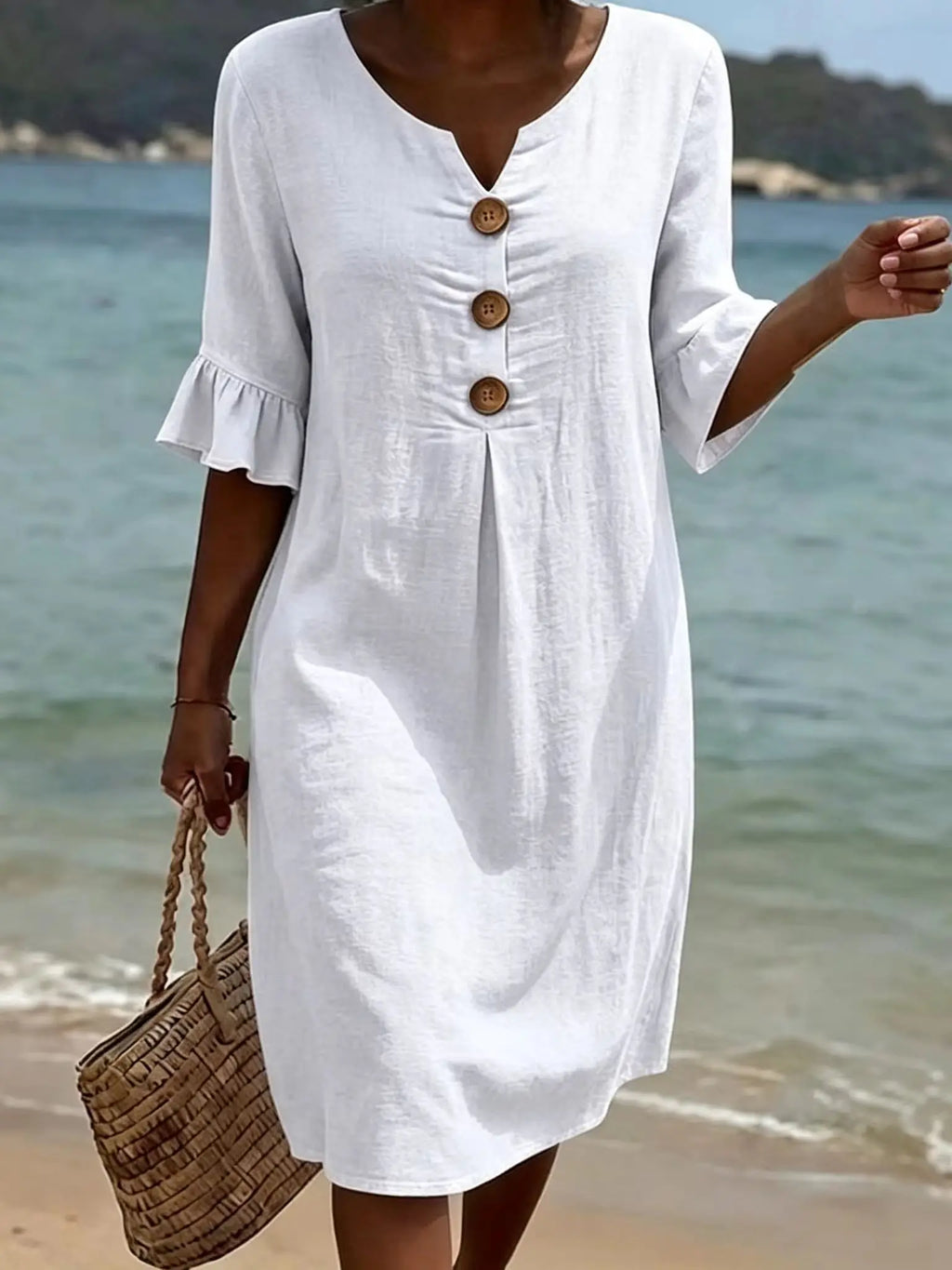 2026 Amazon European and American Cross-Border Spring and Summer New Cotton and Linen V-Neck Dress with Large Buttons and Ruffle - Matrix-studios.com