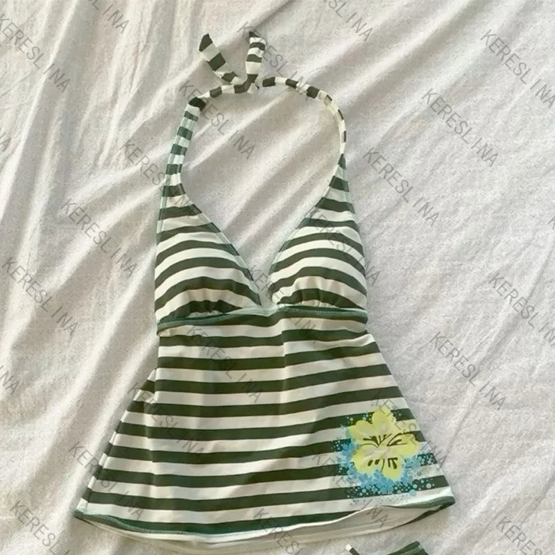 Millennial Style Y2K Skull Lace Bow Striped Halter Top Punk Goth Harajuku Style Top Summer Spice Girls Aesthetic Slim Streetwear - Matrix-studios.com