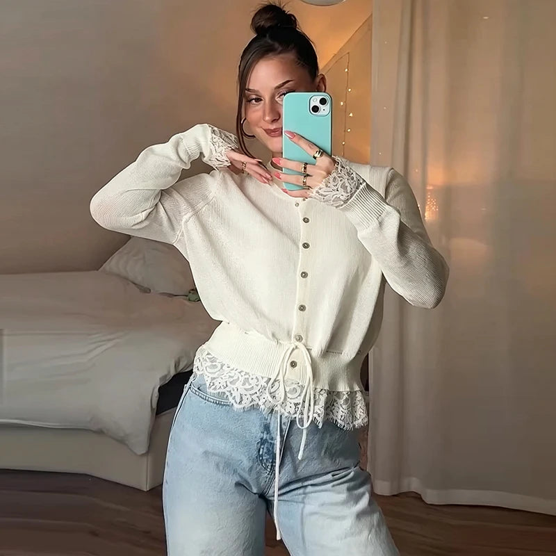 Knitted Women Cardigan Drawstring Cinched Waist Lace Trim Single Breasted Sweater Sheer O-Neck Solid Sweater Elegant Tops Ladies - Matrix Studios