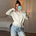 Knitted Women Cardigan Drawstring Cinched Waist Lace Trim Single Breasted Sweater Sheer O-Neck Solid Sweater Elegant Tops Ladies - Matrix Studios