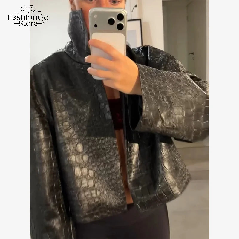 Beige Croc Leather Cropped Jacket Y2k Stand Collar Long Sleeve Wide Cuff Oversize Coat 2026 Autumn Street Daily Casual Outerwear - Matrix Studios