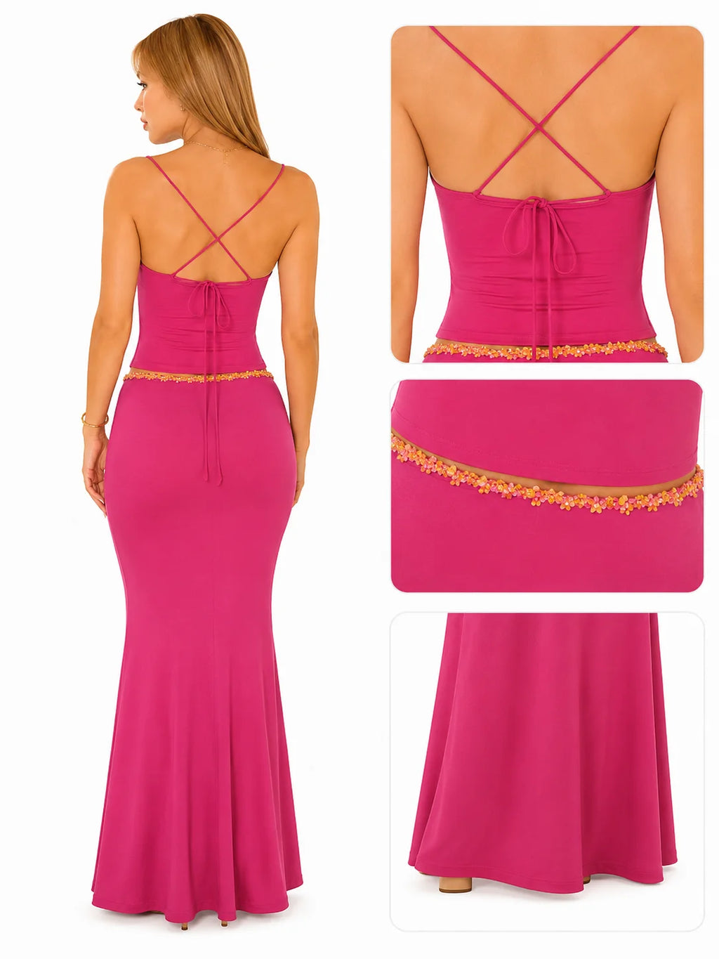 Women 2 Piece Outfit Spaghetti Strap Ruched Cami Top Floral Trim High Waist Mermaid Maxi Skirt Set Summer Beach Vacation Matching Outfits - Matrix-studios.com