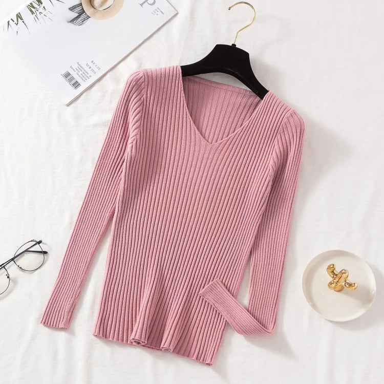 Autumn Winter Women Sweaters Casual Long Sleeve Knitted V Neck Pullover Sweater Femme Basic Solid Jersey Tops Fashion Clothes - Matrix-studios.com