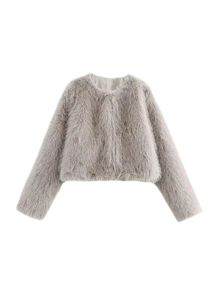 Women's Thick Warm Faux Fur Cropped Jacket, O Neck, Long Sleeve, Female Outerwear, Chic Tops, Fashion - Matrix Studios