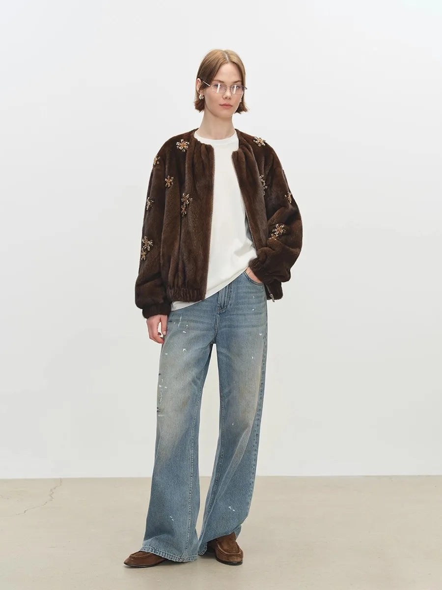 Lautaro Winter Luxury Elegant Thick Warm Soft Brown Short Faux Mink Fur Coat Women Beading Loose Stylish Chic Fluffy Jacket - Matrix Studios