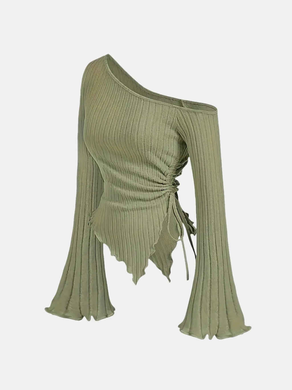 Women's Off-Shoulder Cross Long-Sleeved Slim Fit T-Shirt Asymmetrical Street Style Casual Elegant Top with Trumpet Sleeves - Matrix-studios.com