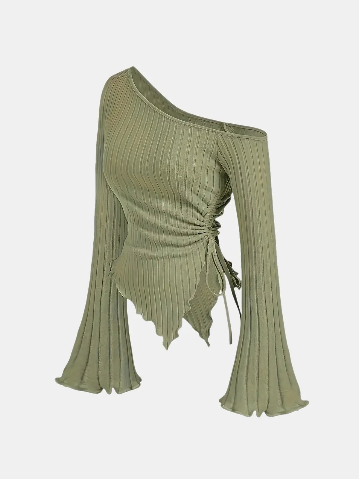 Women's Off-Shoulder Cross Long-Sleeved Slim Fit T-Shirt Asymmetrical Street Style Casual Elegant Top with Trumpet Sleeves - Matrix-studios.com