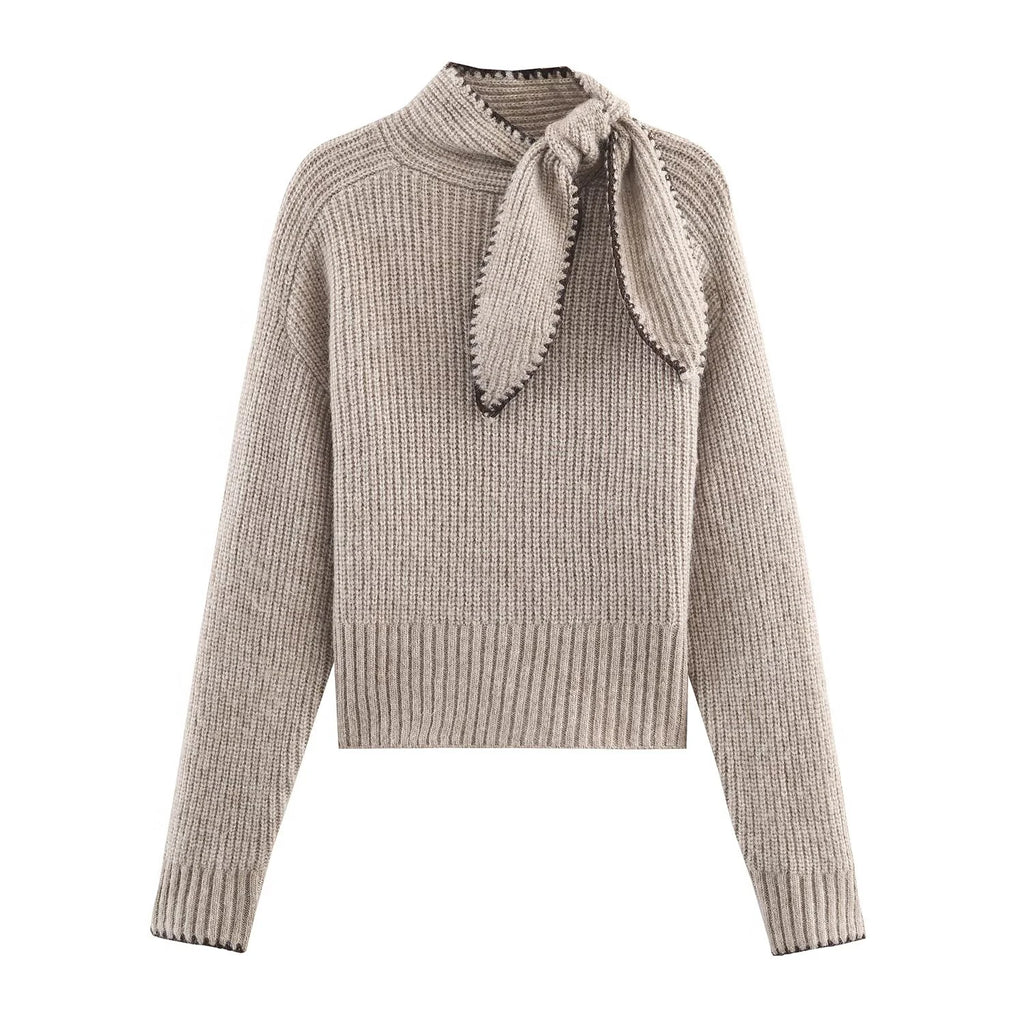 2025 Winter New Sweet and Fashionable Stand up Collar Long Sleeve Bow Decoration Knitted Sweater for Women - Matrix Studios