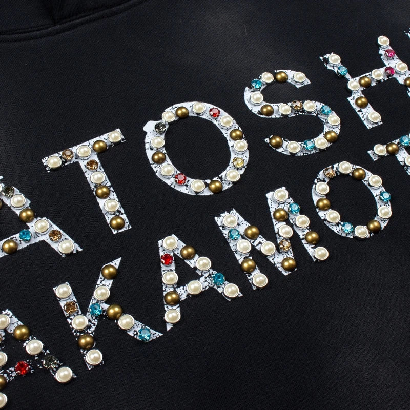 2XL SATOSHI Hoodie Vintage Distressed Washed Black Classic Letter Print Rainbow Nail Bead Hood Sweatshirts Men Women Streetwear - Matrix-studios.com