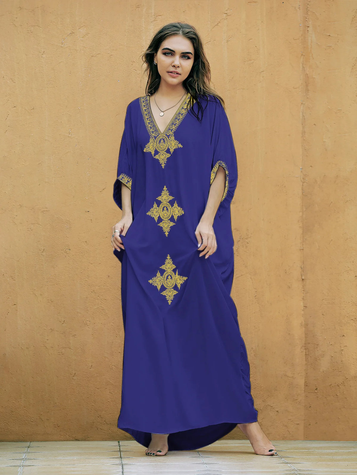 Women's Clothing Gold Embroidery Long Kaftan Dresses V Neck Caftan Dress Beach Cover Ups Tunic Maxi Dress - Matrix Studios