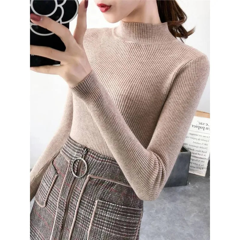 Autumn Winter Mock Neck Women Sweater Vintage Basic Solid Knitted Tops Casual Slim Pullover Korean Sweaters Simple Chic Jumpers - Matrix Studios