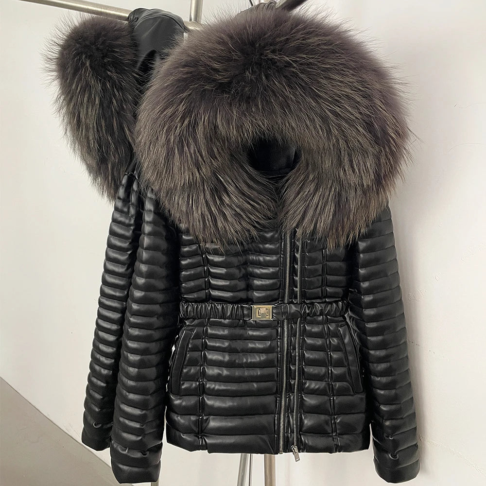 OFTBUY Winter Real Fox Fur Collar Coat Women Duck Down Jacket Female PU Leather Belted Hooded Warm Duck Down Parka Outerwear - Matrix Studios