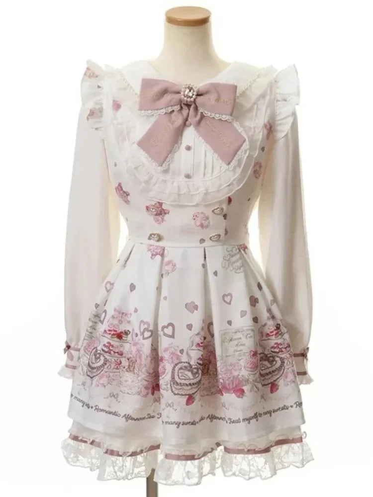 Japanese Y2 Aesthetics Vintage Bow Dress Shorts Set Women Gothic Lolita Style Long Sleeve Shirt Dress Elegant Party Dress Suits - Matrix-studios.com