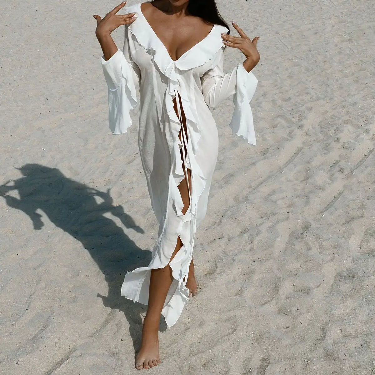 Beach Cover Up Cover-ups Dress Chiffon Long Sleeve Sunscreen Beachwear Womens Clothing Sexy V Neck Ruffled Black White New Tunic - Matrix Studios